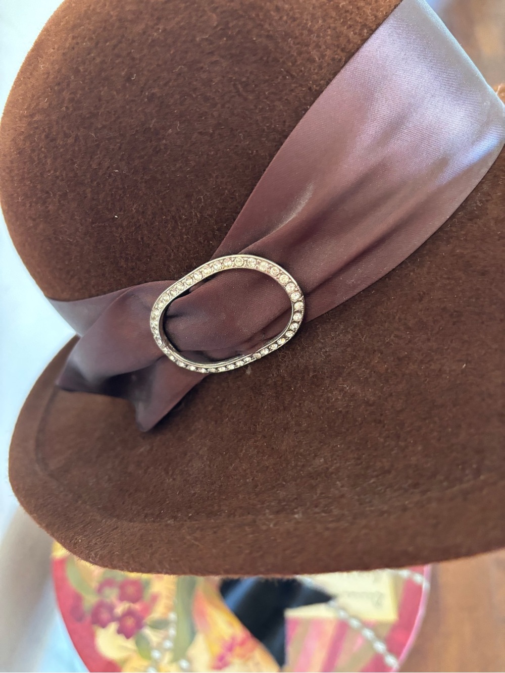 Betmar Vintage Wide-Brim Wool Felt Hat with Satin Band & Rhinestone Accent. - Picture 4 of 6